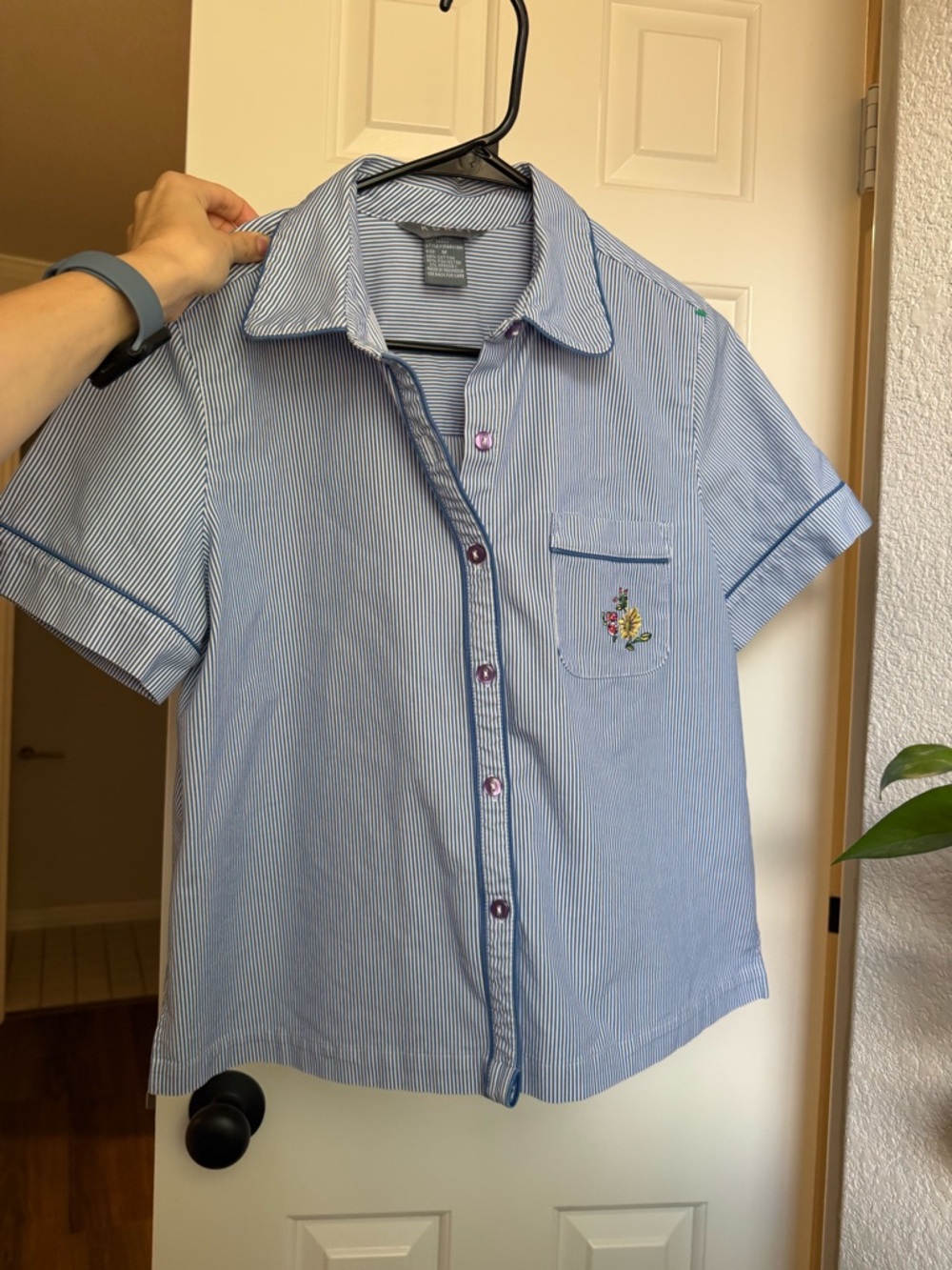 Koret Blue & White Pinstripe Short-Sleeve Button Shirt with Floral Pocket